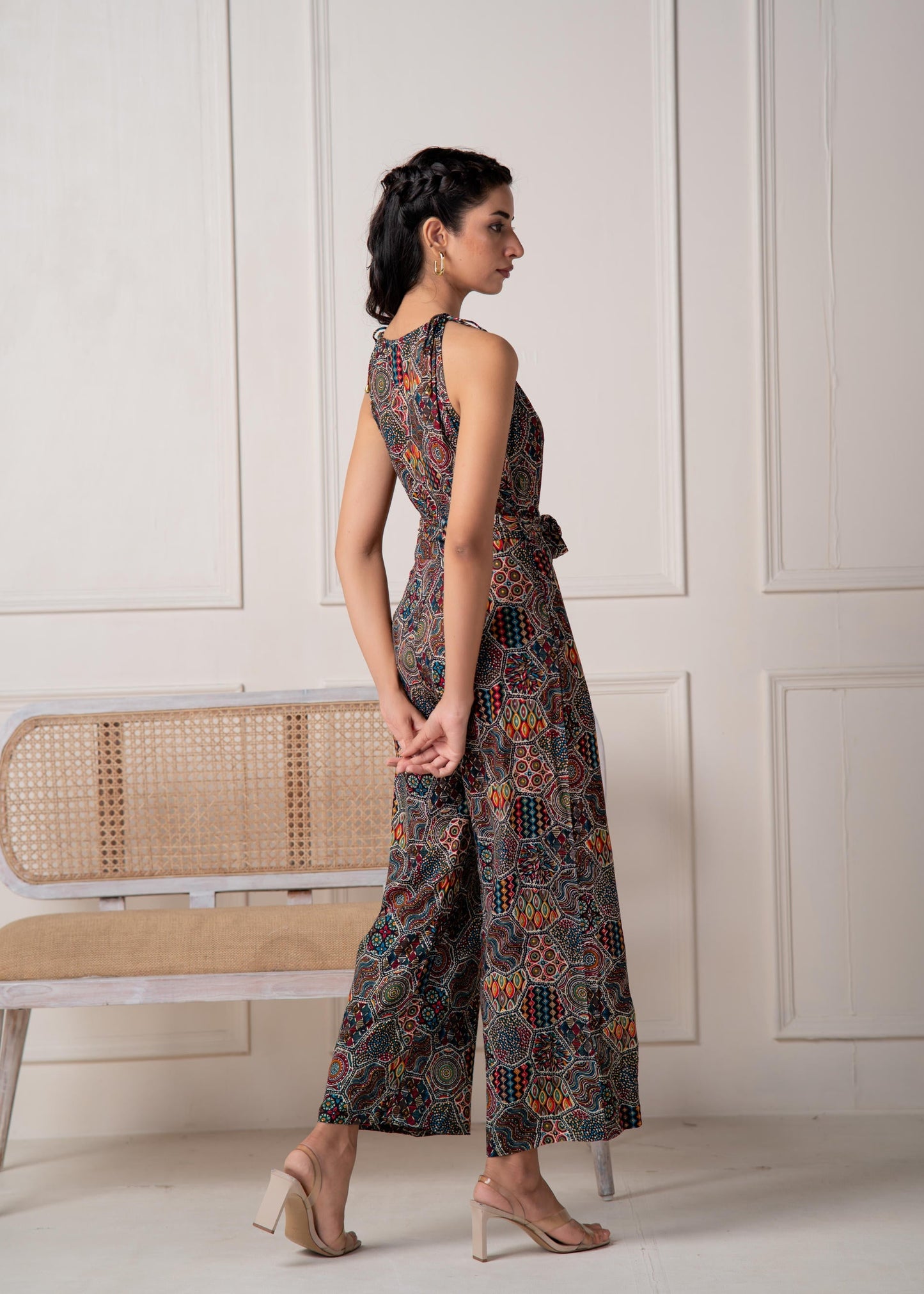 Juniper Navy Printed Abstract Viscose Jumpsuit With Belt - Swadesiicart