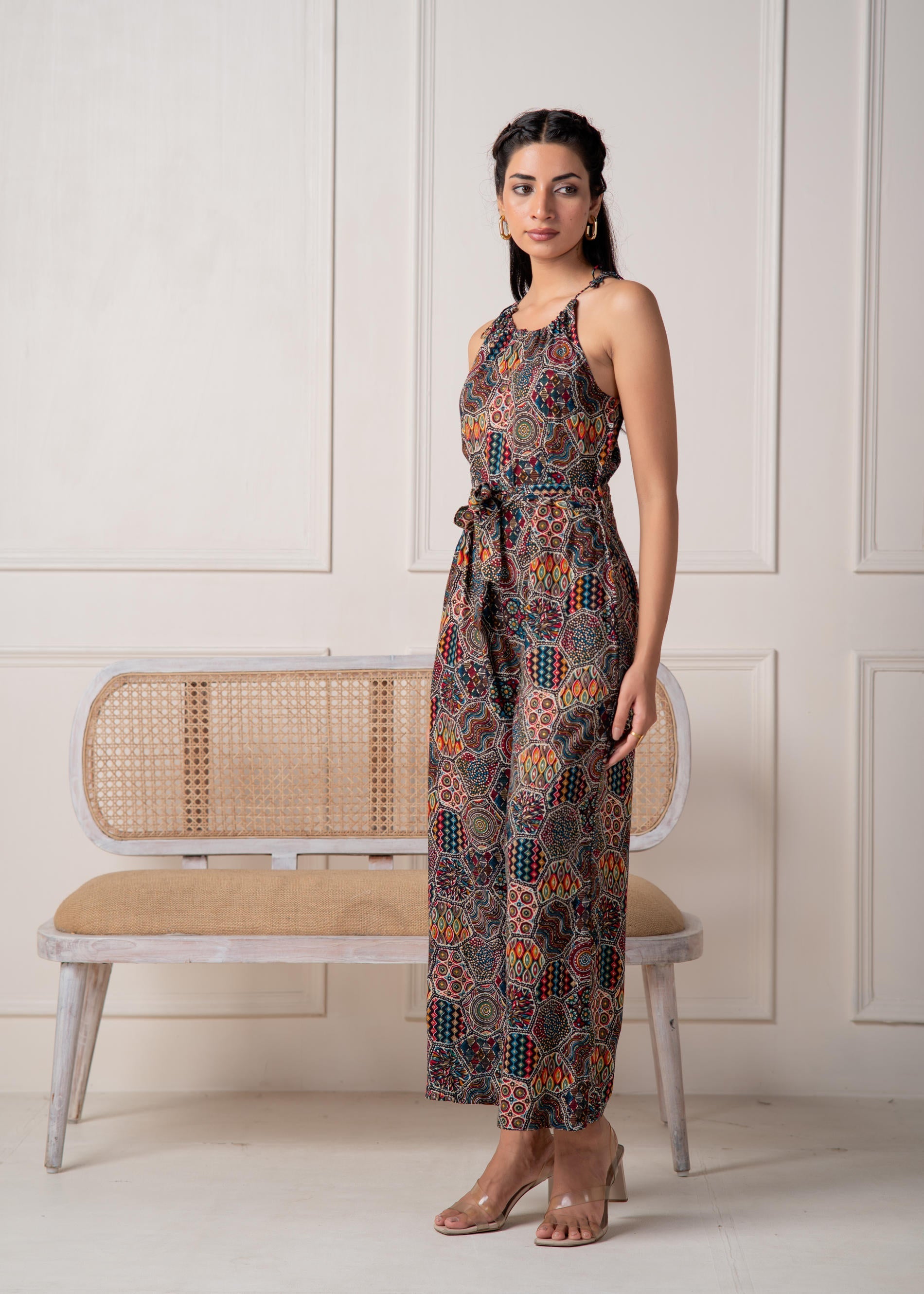 Juniper Navy Printed Abstract Viscose Jumpsuit With Belt - Swadesiicart