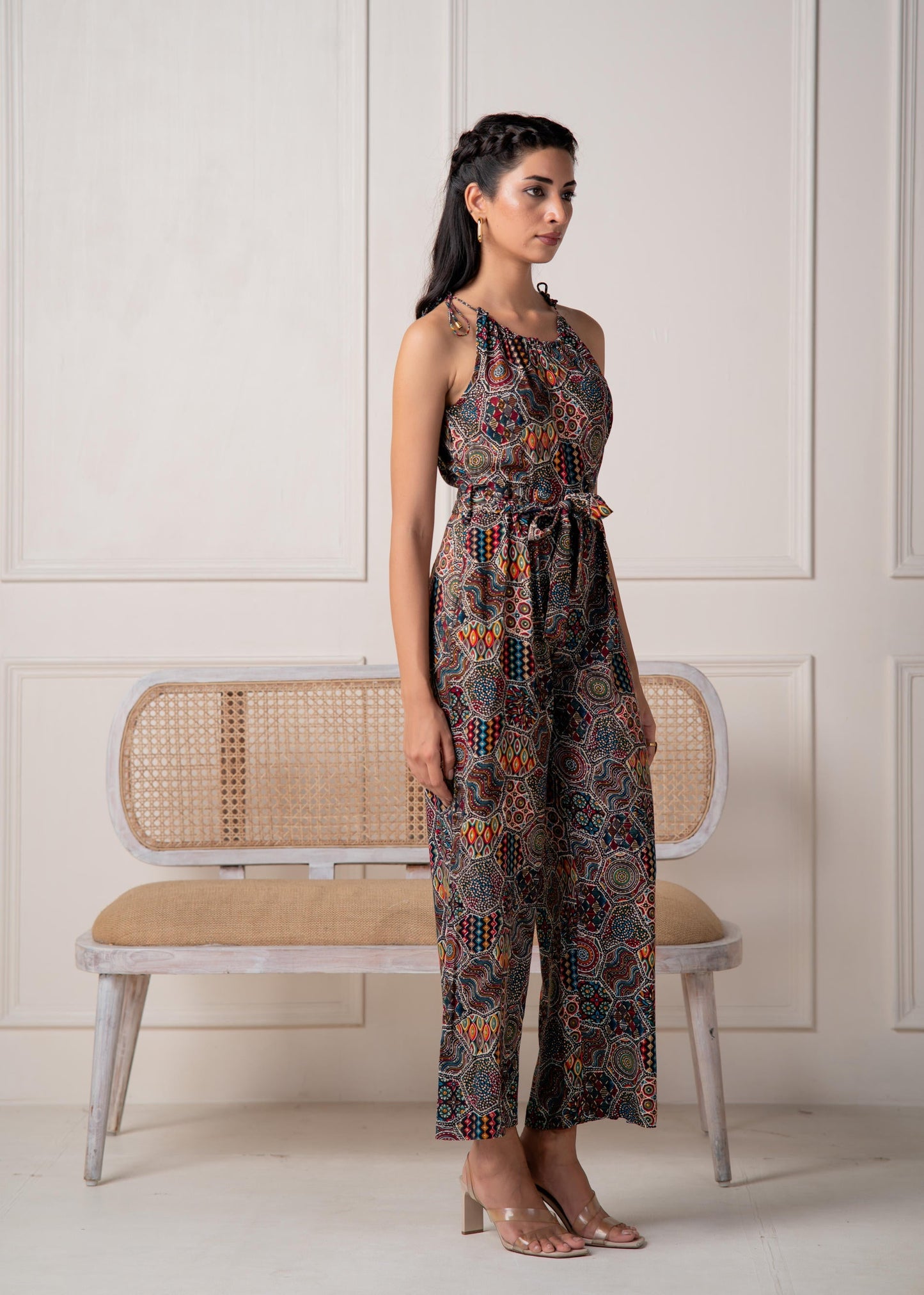 Juniper Navy Printed Abstract Viscose Jumpsuit With Belt - Swadesiicart