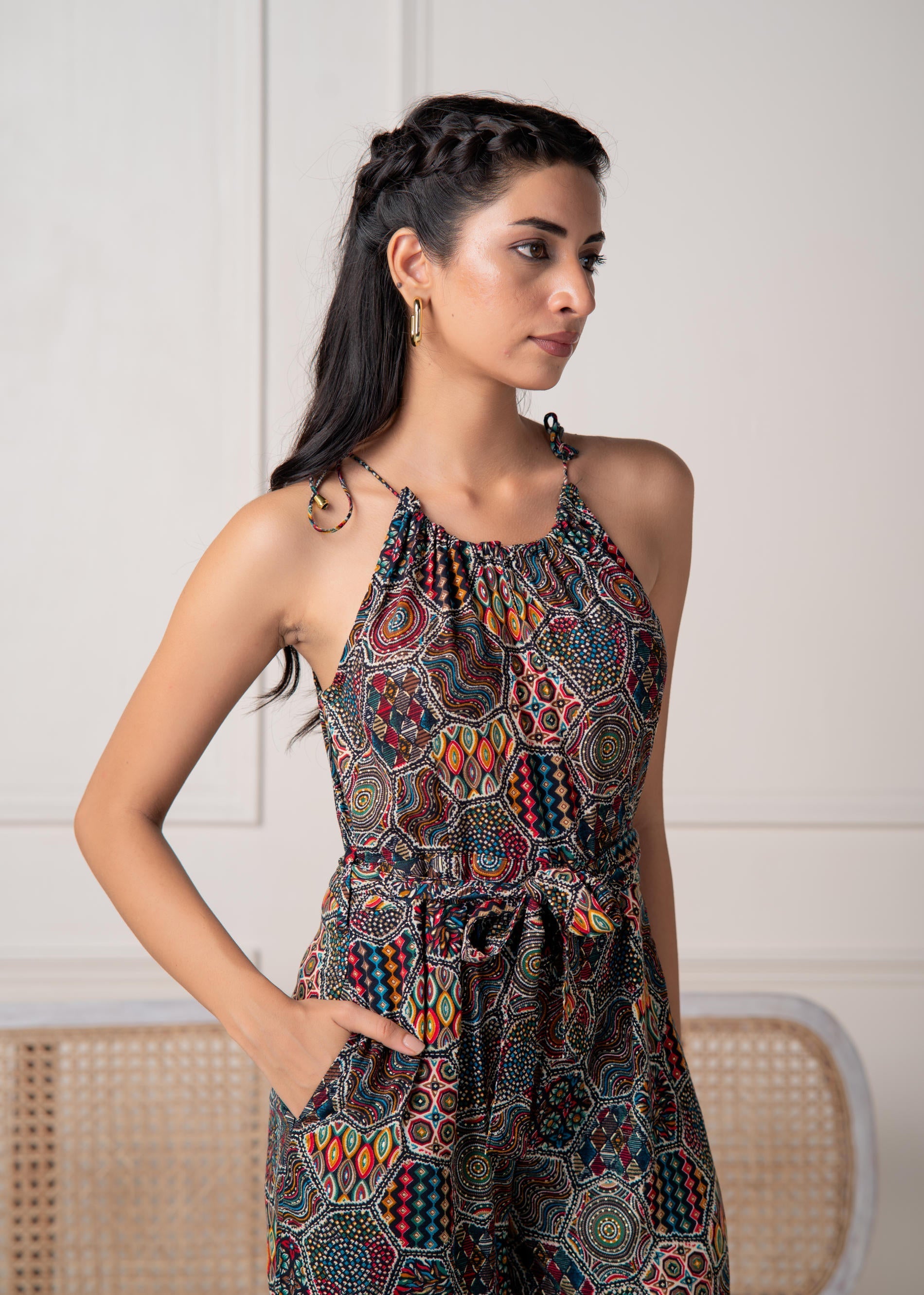 Juniper Navy Printed Abstract Viscose Jumpsuit With Belt - Swadesiicart