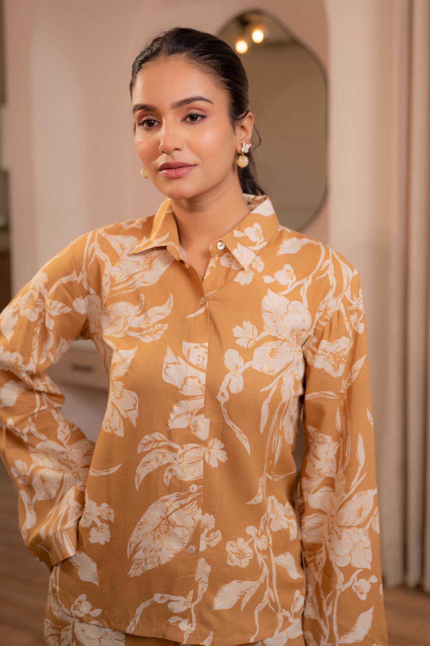 Juniper Mustard Floral Printed Co-Ord Set With Button Details - Swadesiicart
