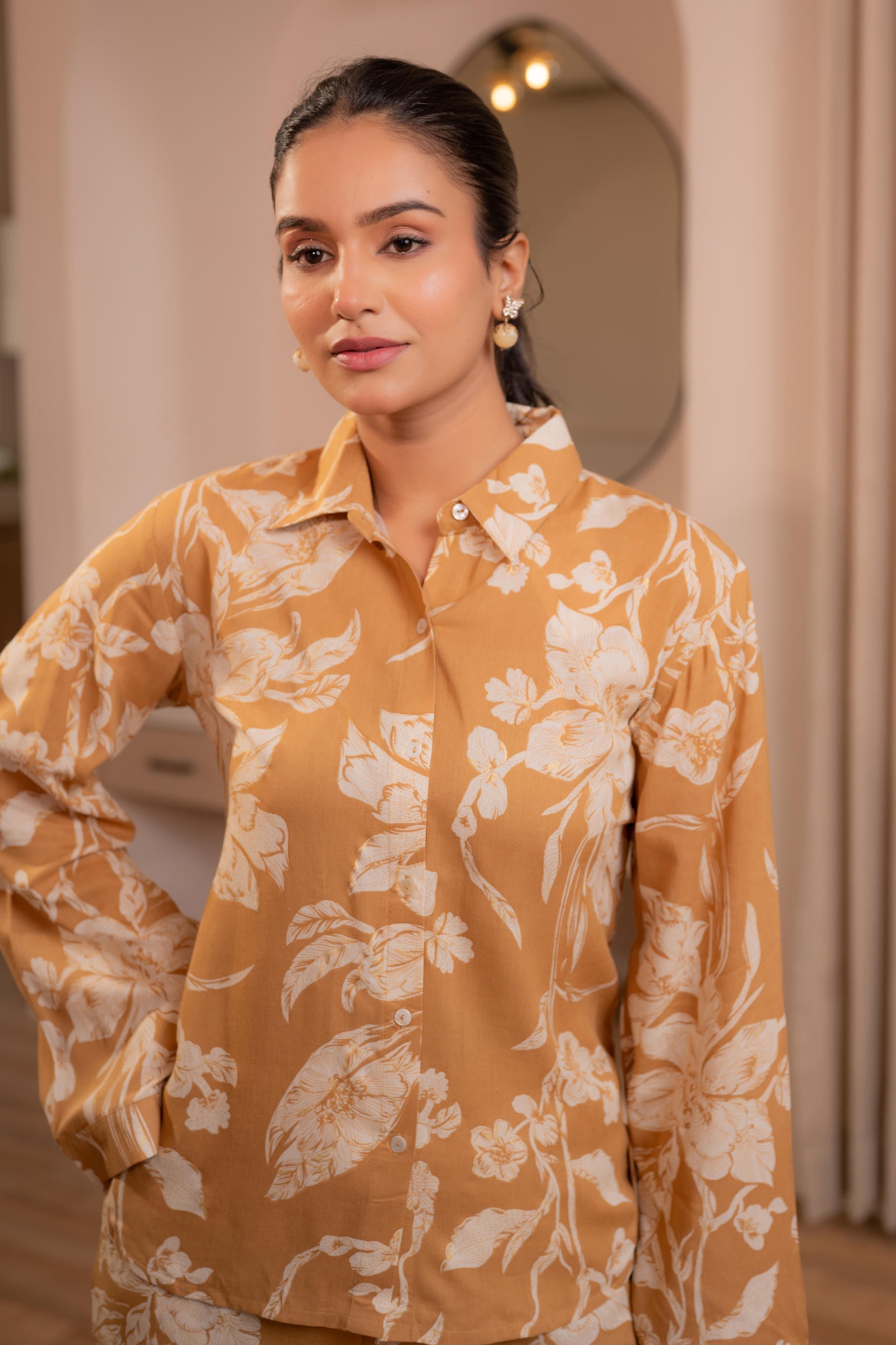 Juniper Mustard Floral Printed Co-Ord Set With Button Details - Swadesiicart