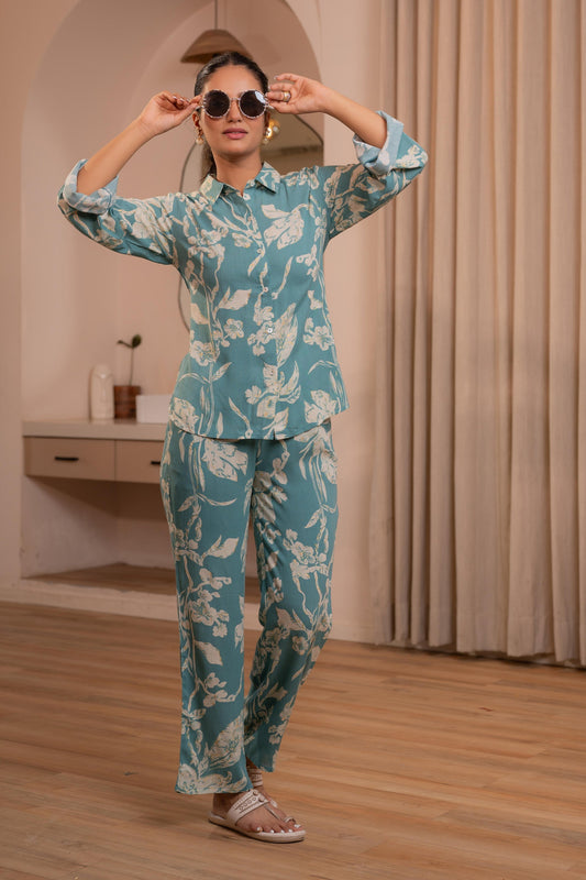 Juniper Teal Floral Printed Co-Ord Set With Button Details - Swadesiicart