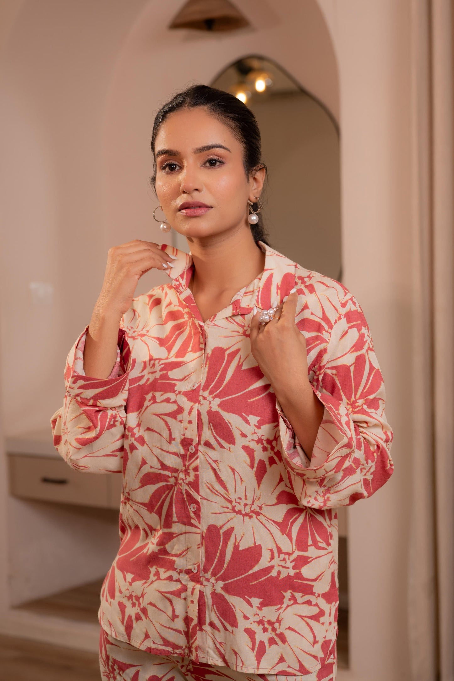 Juniper Dusty Pink Floral Printed Co-Ord Set With Button Details - Swadesiicart