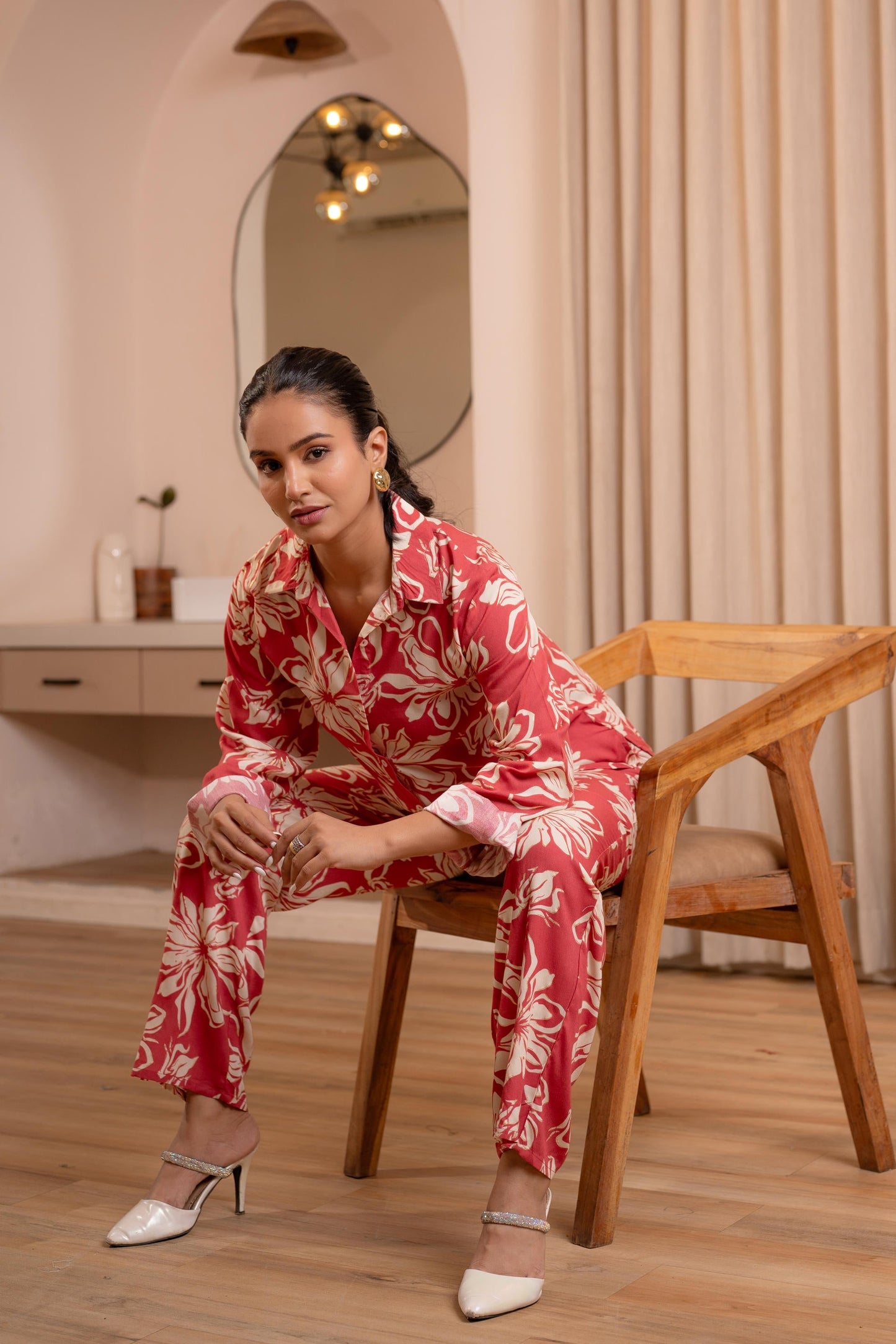 Juniper Dusty Pink Floral Printed Co-Ord Set With Button Details - Swadesiicart