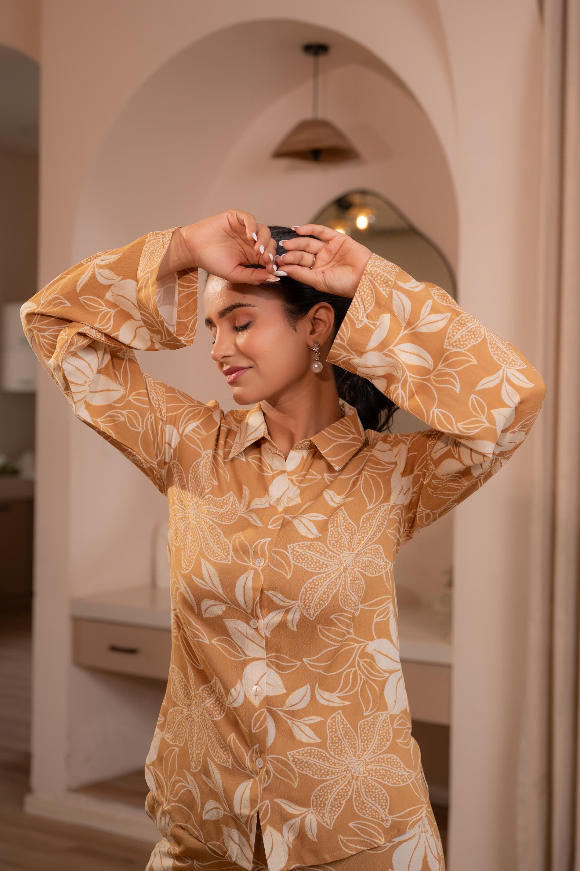 Juniper Brown Floral Printed Co-Ord Set With Button Details - Swadesiicart