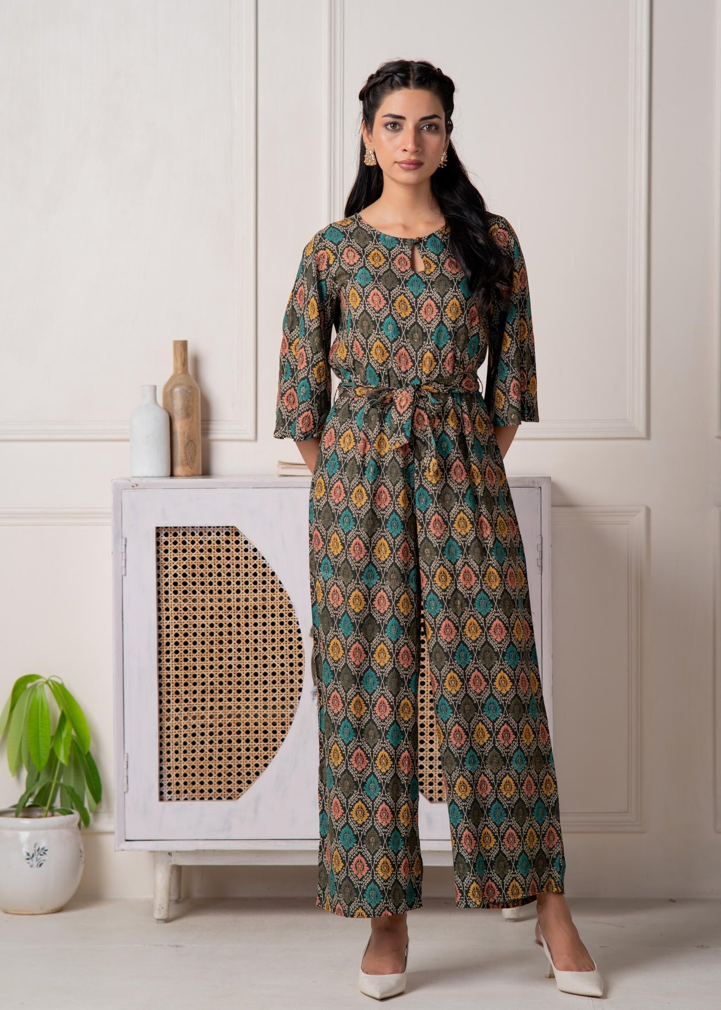 Juniper Green Floral Printed Viscose Jumpsuit With Belt - Swadesiicart