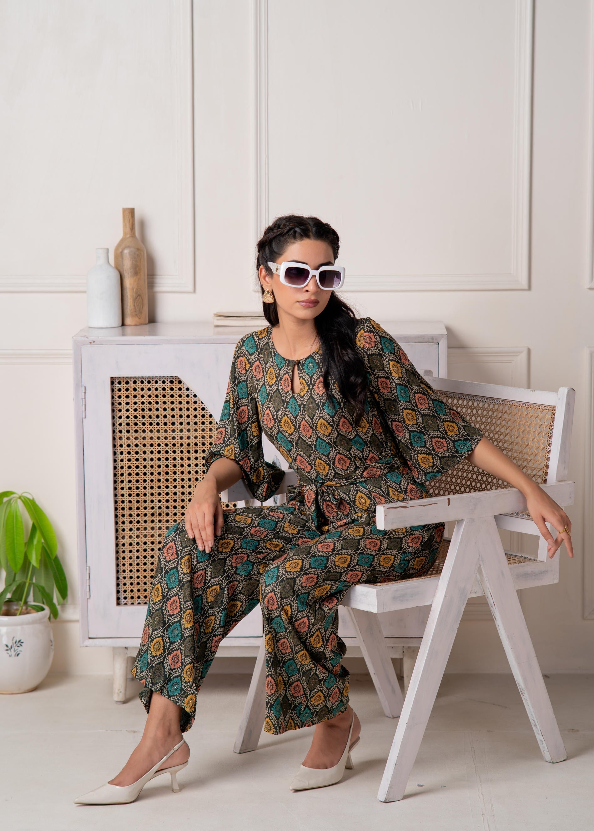 Juniper Green Floral Printed Viscose Jumpsuit With Belt - Swadesiicart