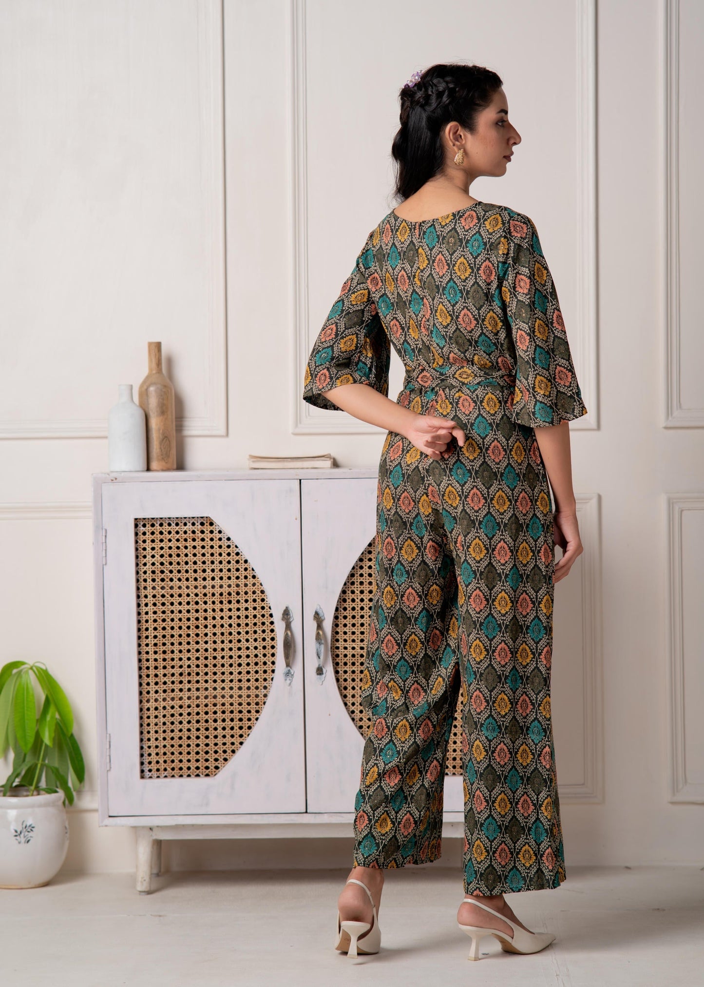 Juniper Green Floral Printed Viscose Jumpsuit With Belt - Swadesiicart