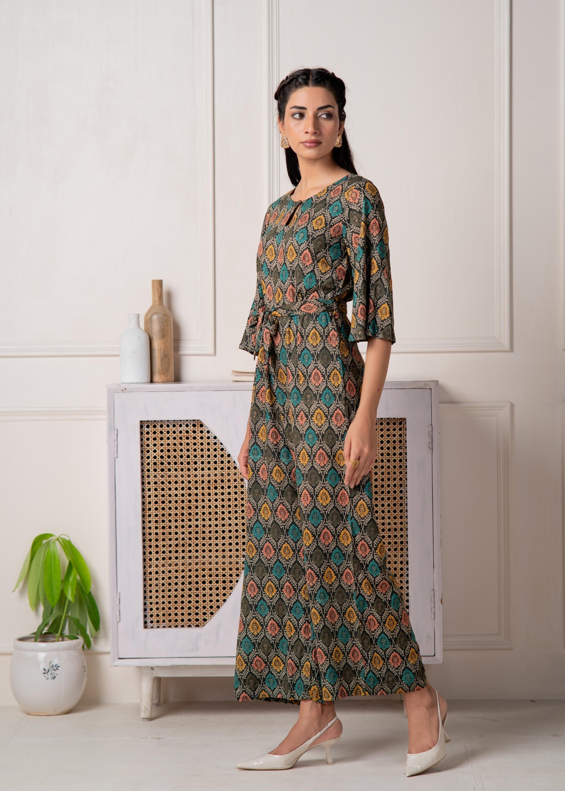 Juniper Green Floral Printed Viscose Jumpsuit With Belt - Swadesiicart