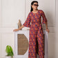 Juniper Red Floral Printed Viscose Jumpsuit With Belt - Swadesiicart