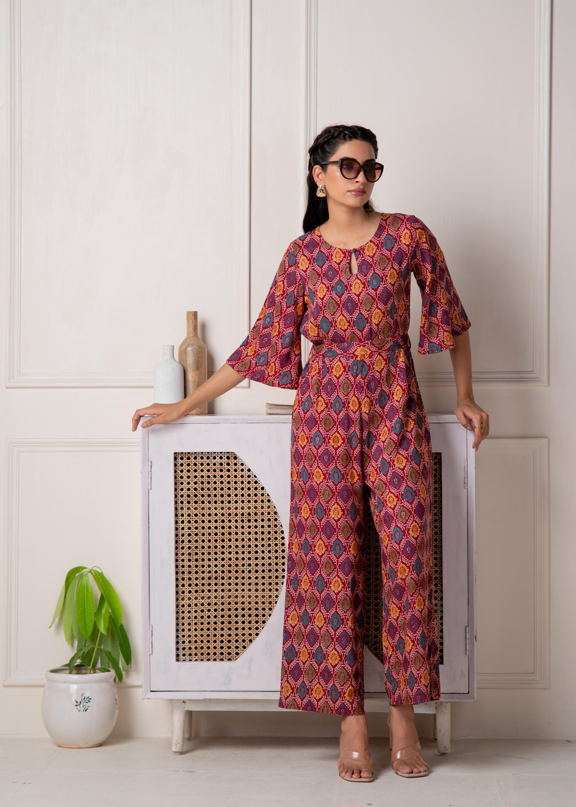 Juniper Red Floral Printed Viscose Jumpsuit With Belt - Swadesiicart