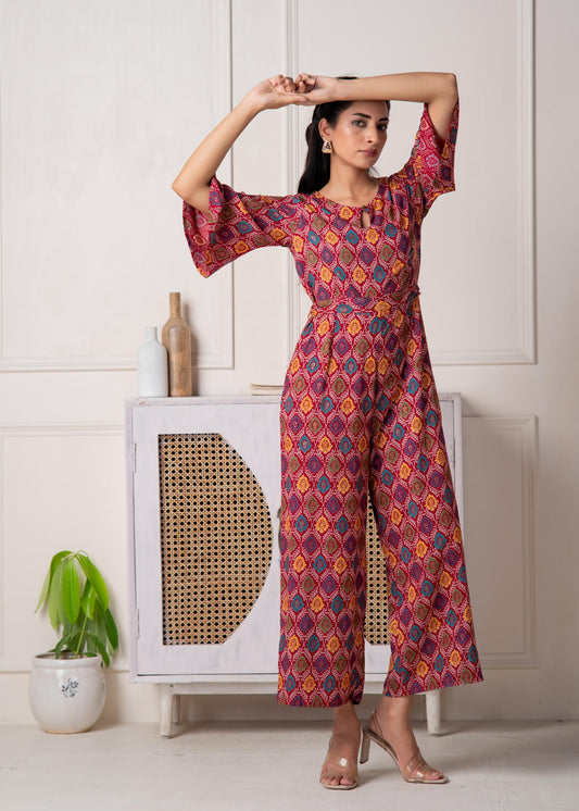 Juniper Red Floral Printed Viscose Jumpsuit With Belt - Swadesiicart