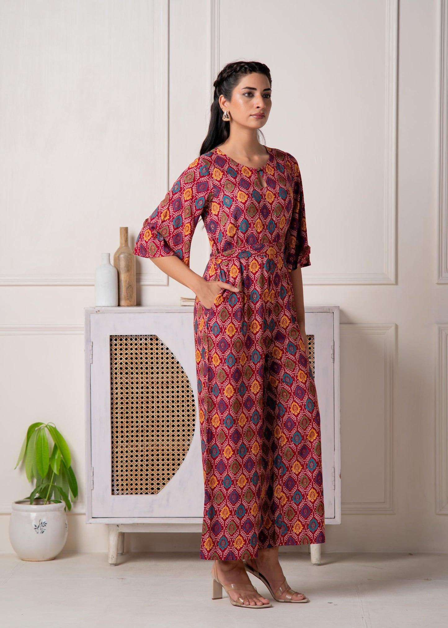 Juniper Red Floral Printed Viscose Jumpsuit With Belt - Swadesiicart