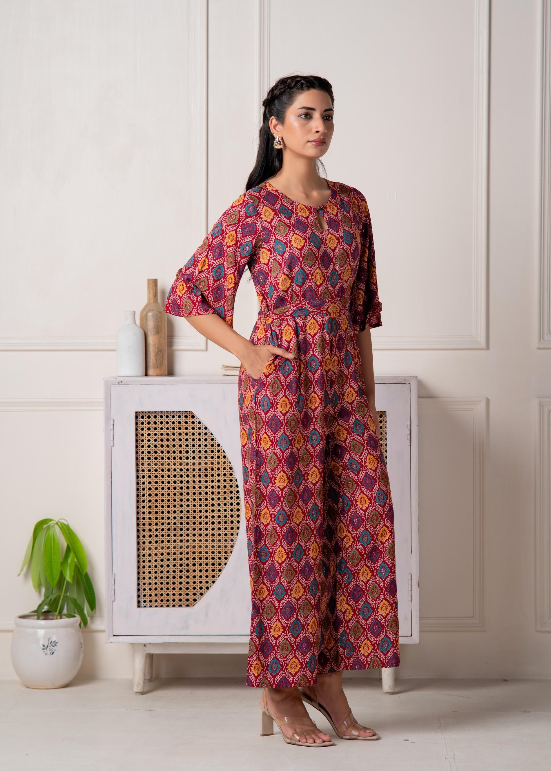 Juniper Red Floral Printed Viscose Jumpsuit With Belt - Swadesiicart