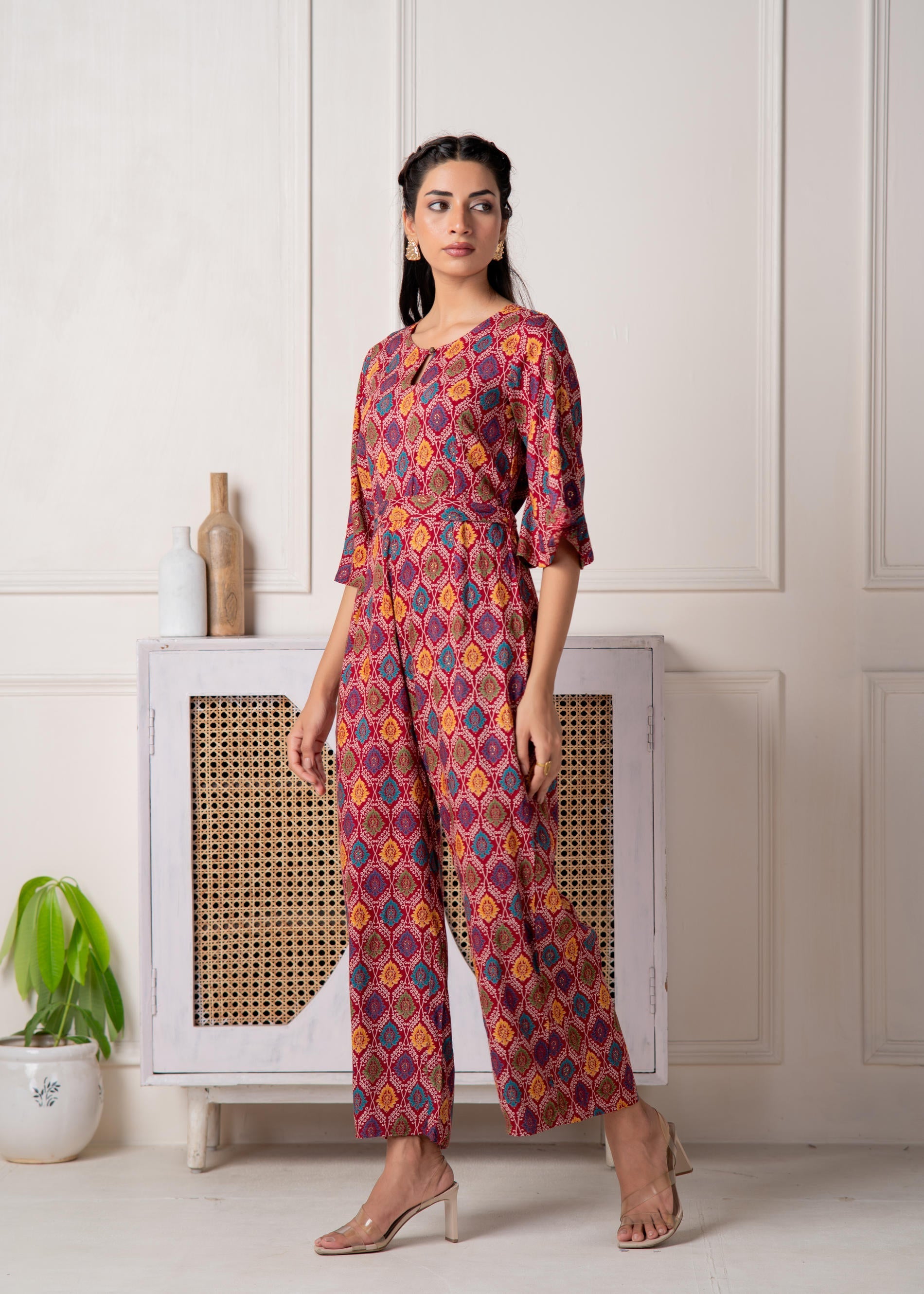 Juniper Red Floral Printed Viscose Jumpsuit With Belt - Swadesiicart