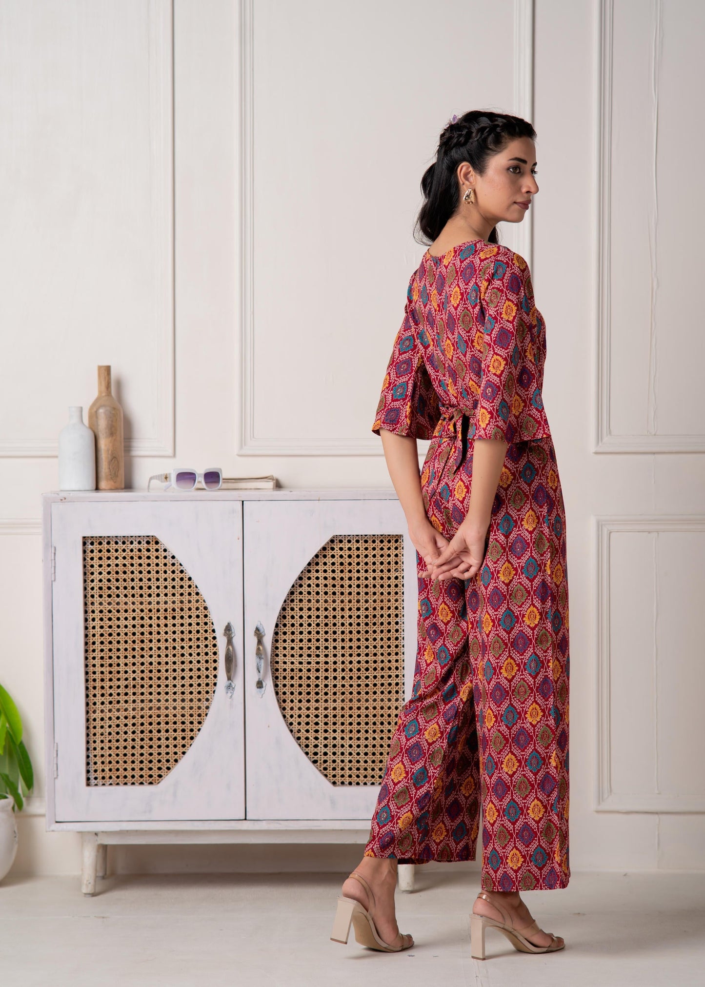 Juniper Red Floral Printed Viscose Jumpsuit With Belt - Swadesiicart