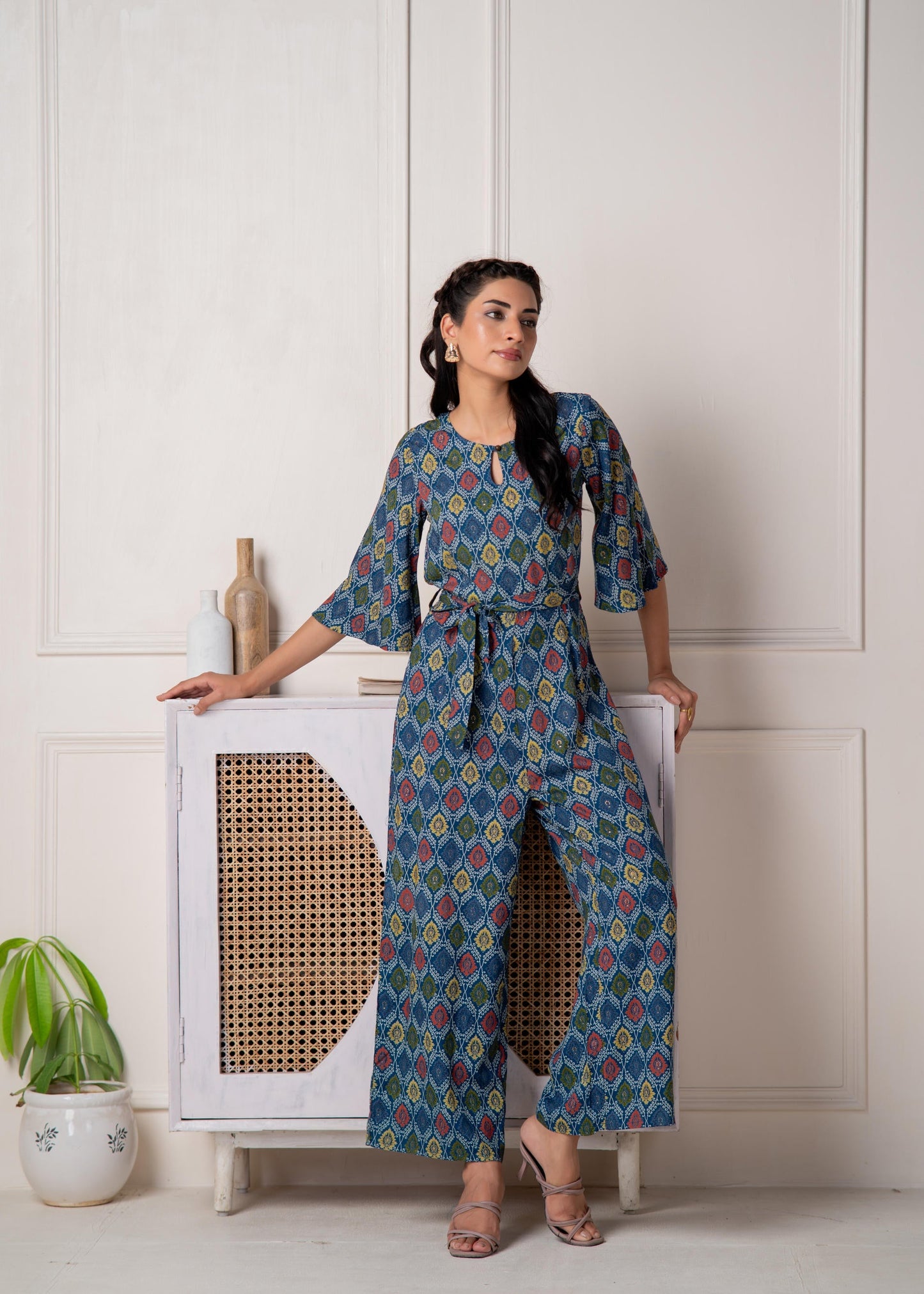 Juniper Teal Floral Printed Viscose Jumpsuit With Belt - Swadesiicart