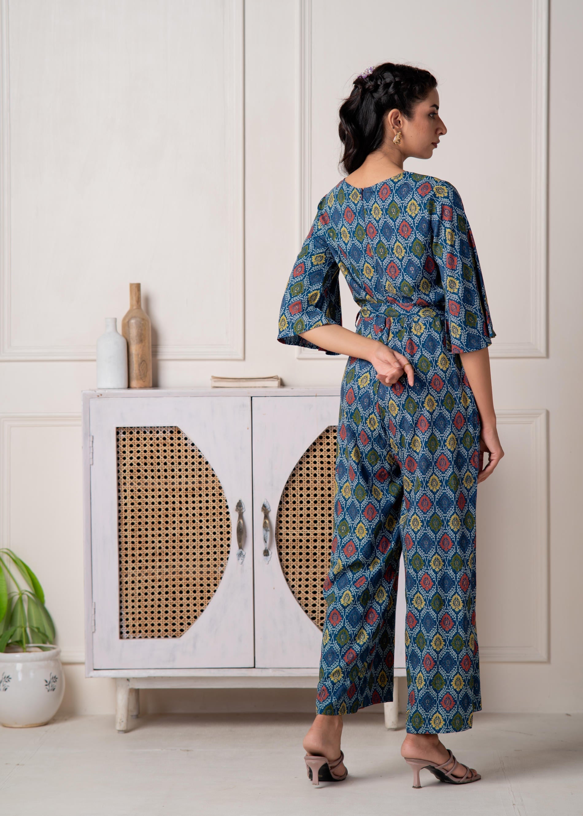 Juniper Teal Floral Printed Viscose Jumpsuit With Belt - Swadesiicart