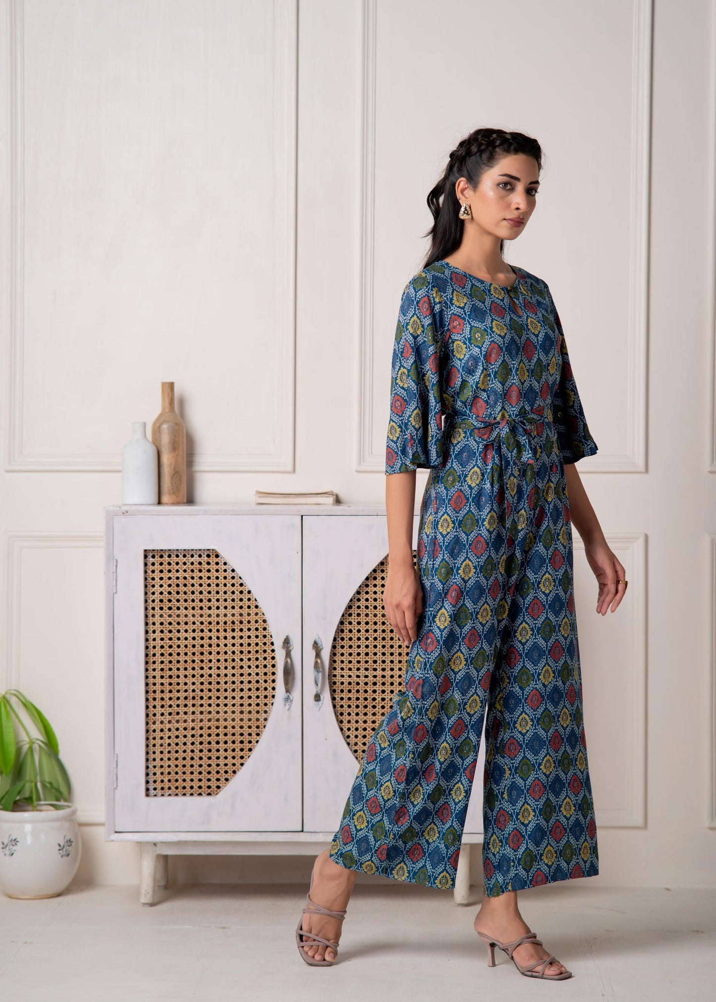 Juniper Teal Floral Printed Viscose Jumpsuit With Belt - Swadesiicart