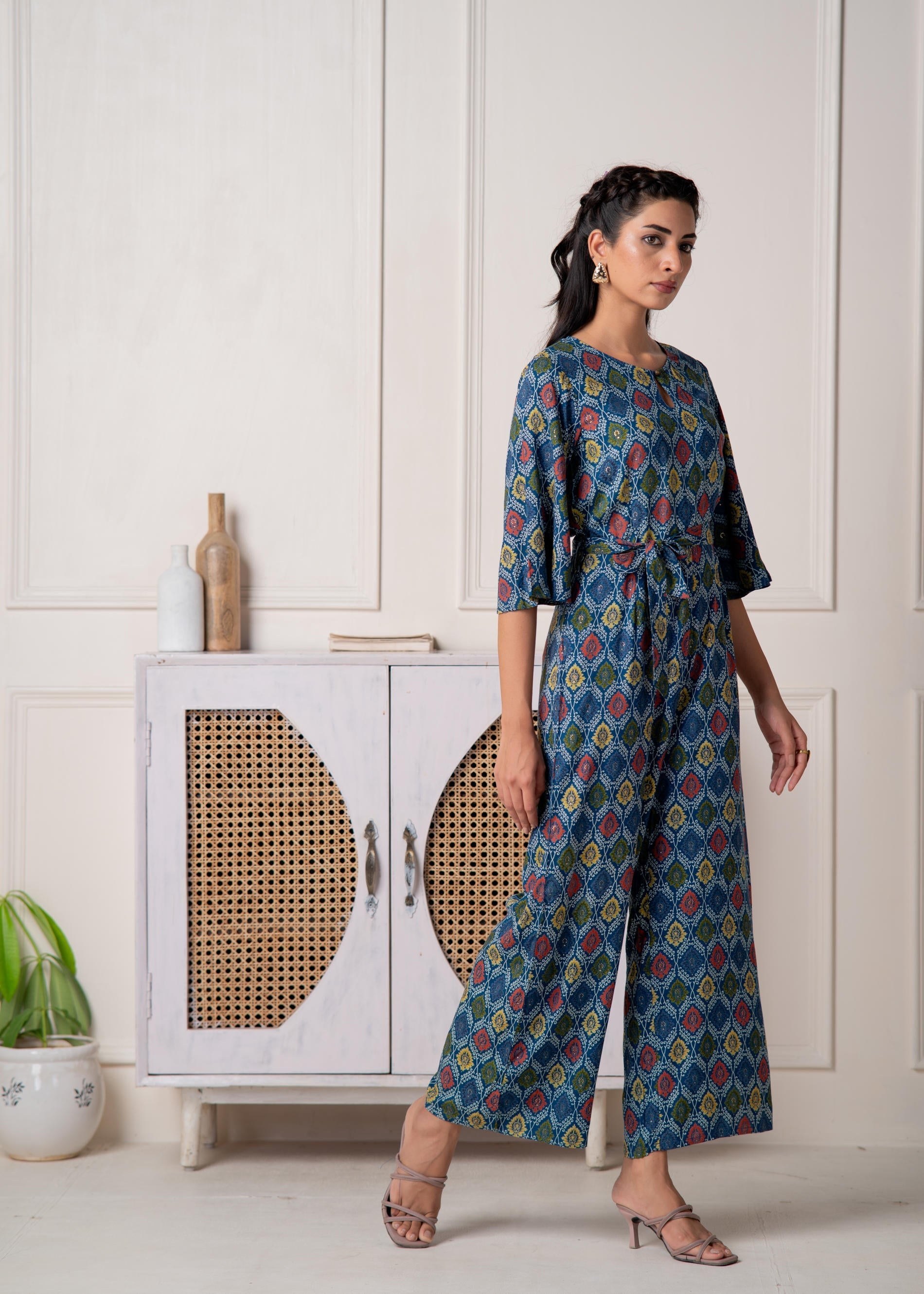 Juniper Teal Floral Printed Viscose Jumpsuit With Belt - Swadesiicart