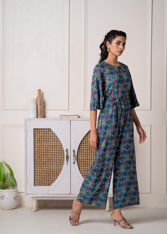 Juniper Teal Floral Printed Viscose Jumpsuit With Belt - Swadesiicart