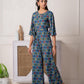 Juniper Teal Floral Printed Viscose Jumpsuit With Belt - Swadesiicart