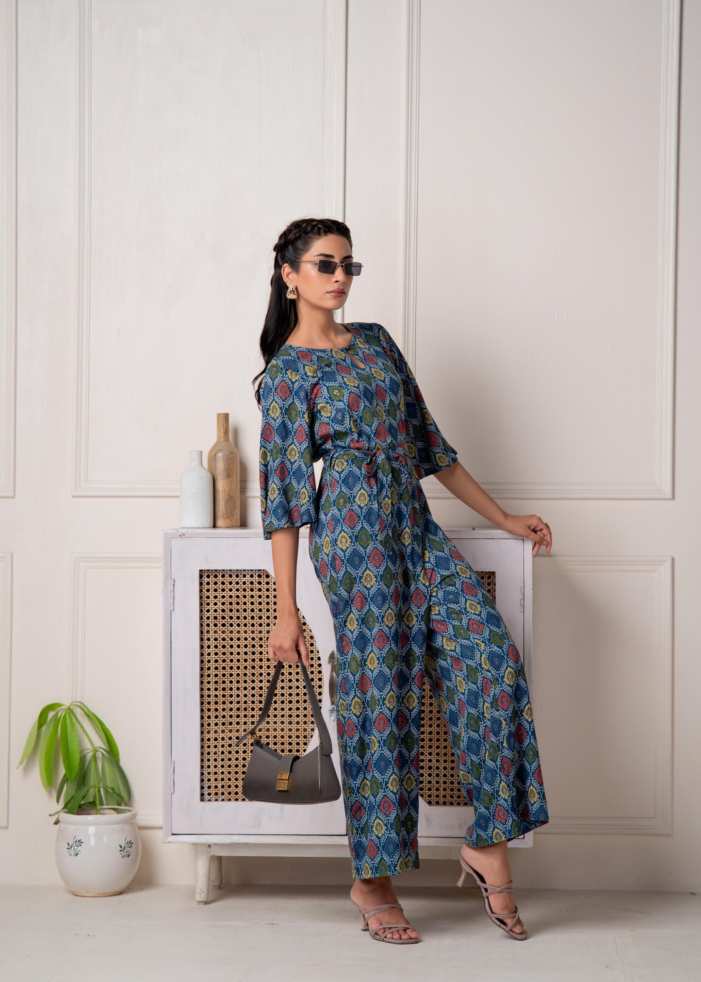 Juniper Teal Floral Printed Viscose Jumpsuit With Belt - Swadesiicart