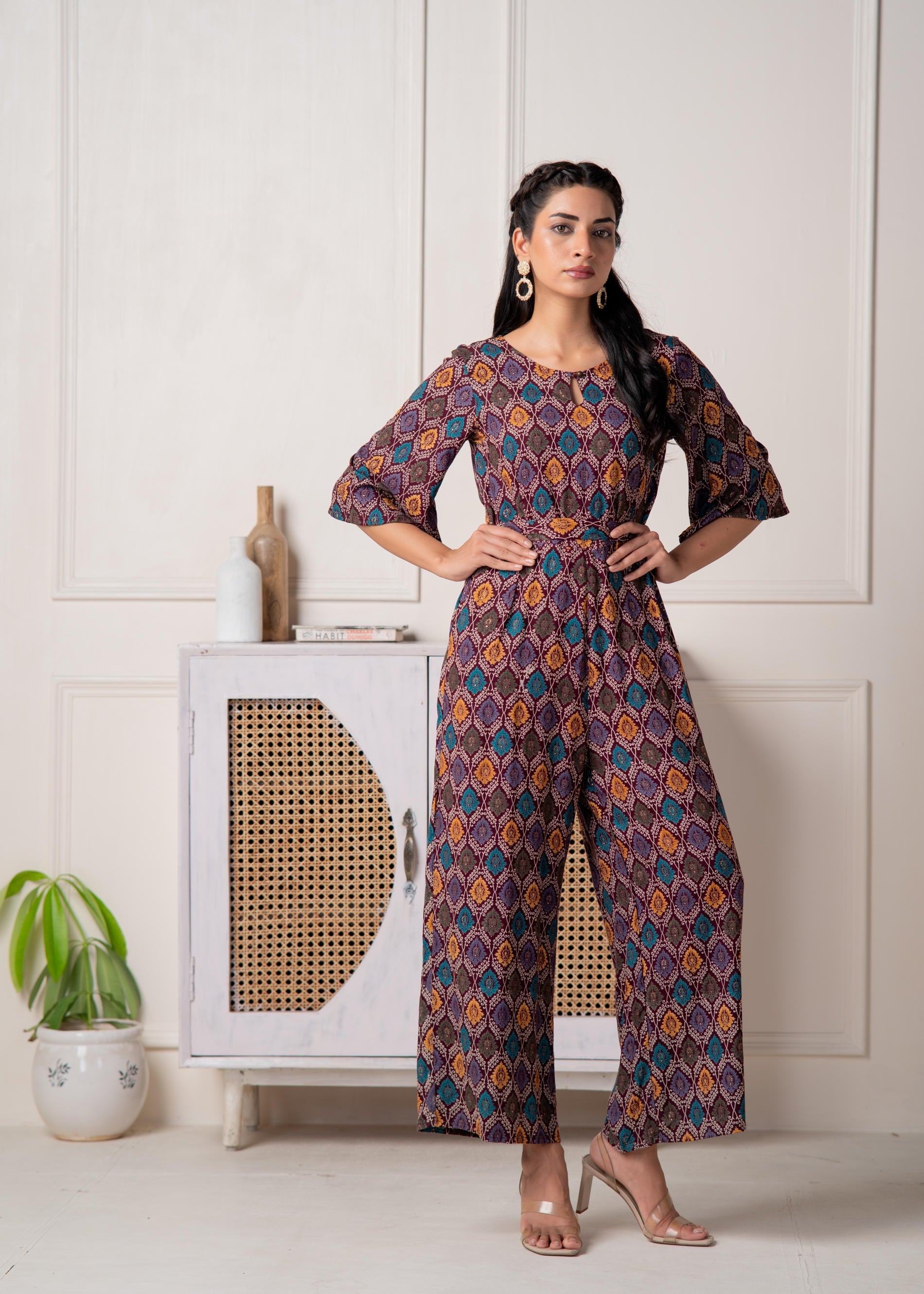 Juniper Wine Floral Printed Viscose Jumpsuit With Belt - Swadesiicart