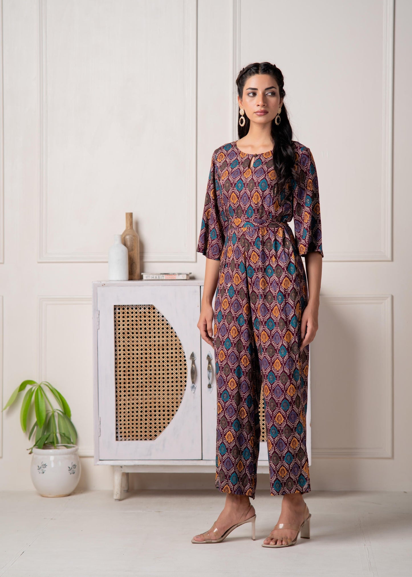 Juniper Wine Floral Printed Viscose Jumpsuit With Belt - Swadesiicart