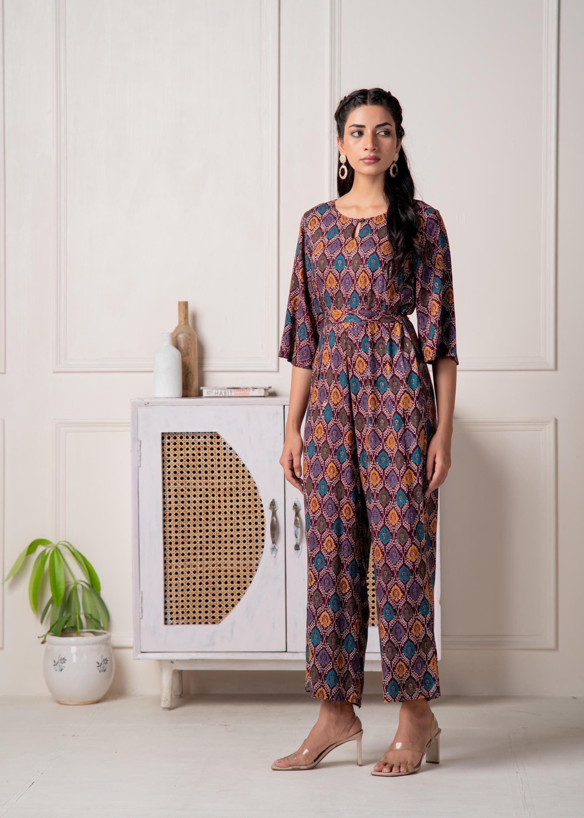 Juniper Wine Floral Printed Viscose Jumpsuit With Belt - Swadesiicart