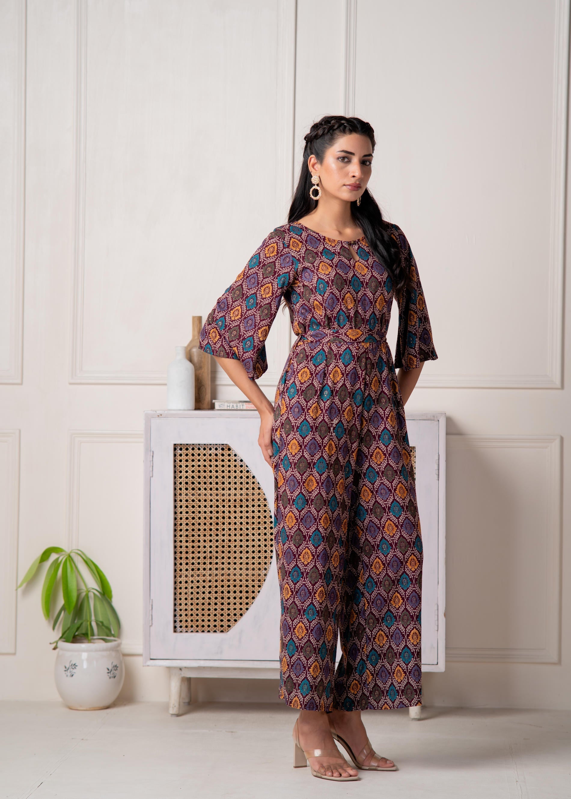 Juniper Wine Floral Printed Viscose Jumpsuit With Belt - Swadesiicart