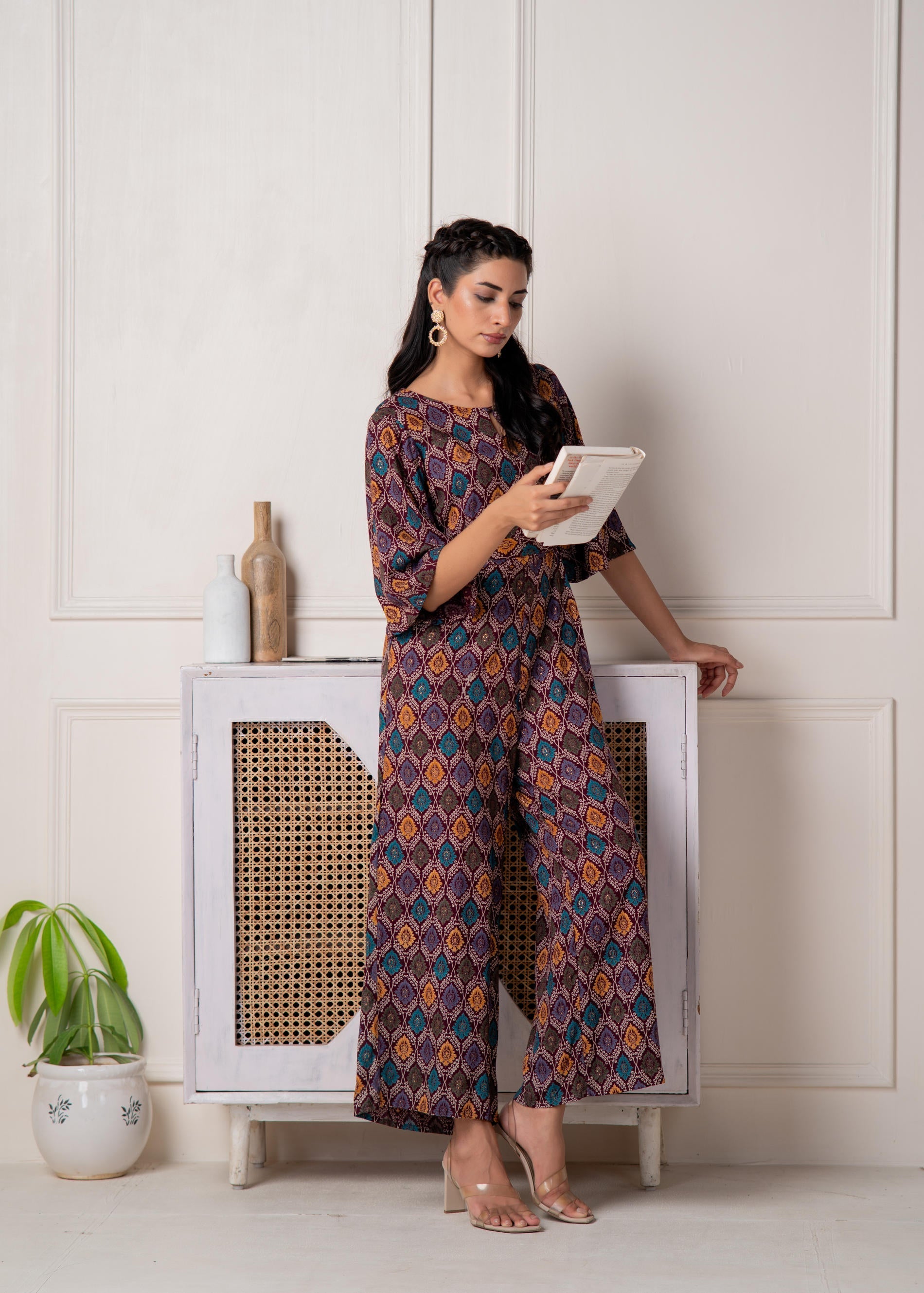 Juniper Wine Floral Printed Viscose Jumpsuit With Belt - Swadesiicart