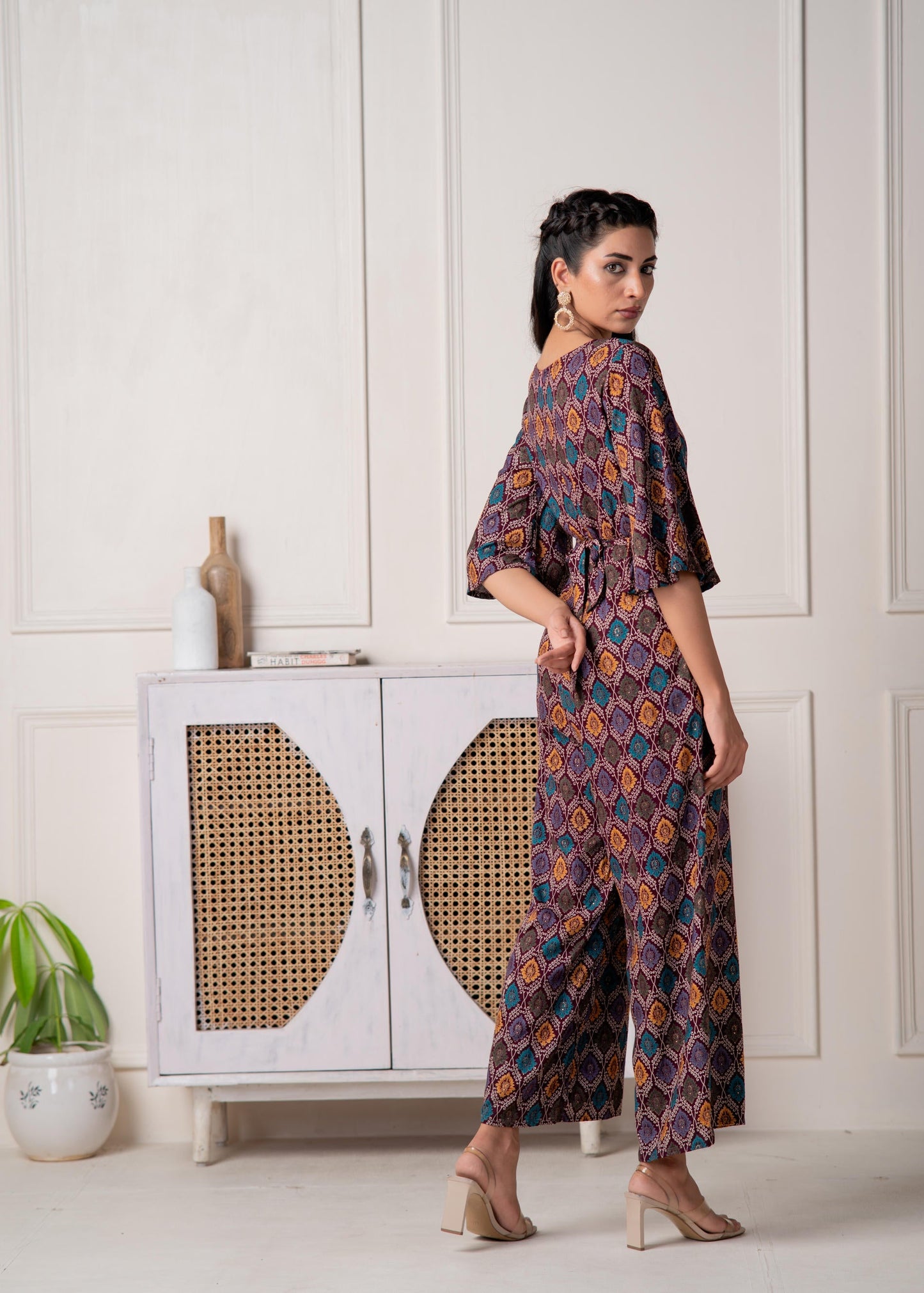 Juniper Wine Floral Printed Viscose Jumpsuit With Belt - Swadesiicart