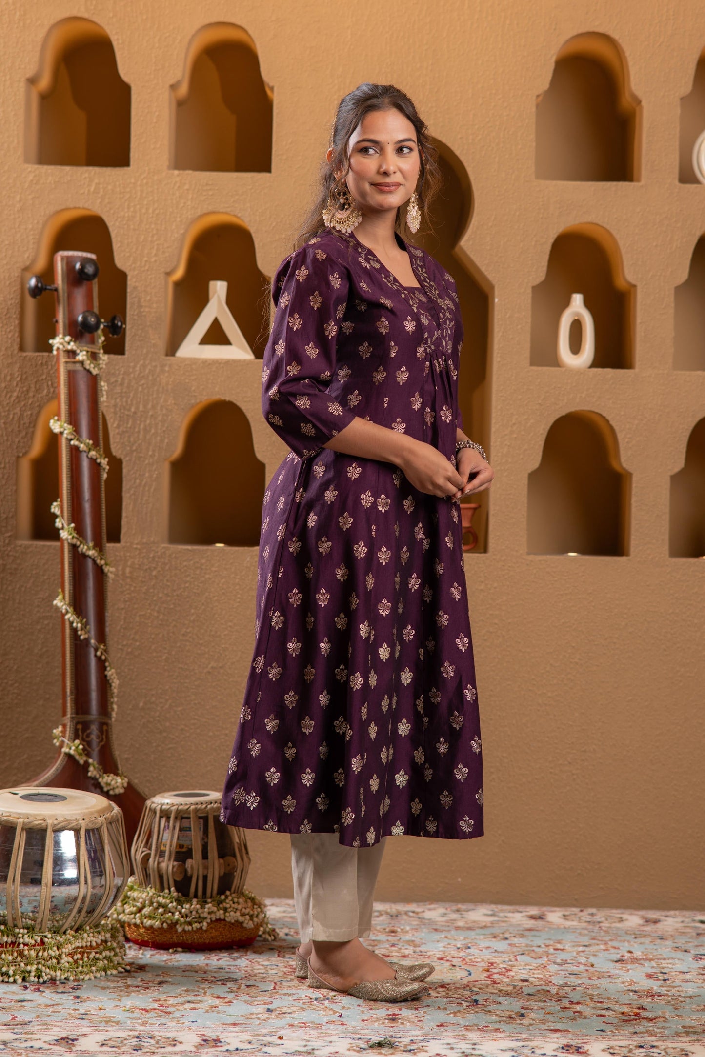 Juniper Purple Gold-Printed Anarkali Kurta - Swadesiicart
