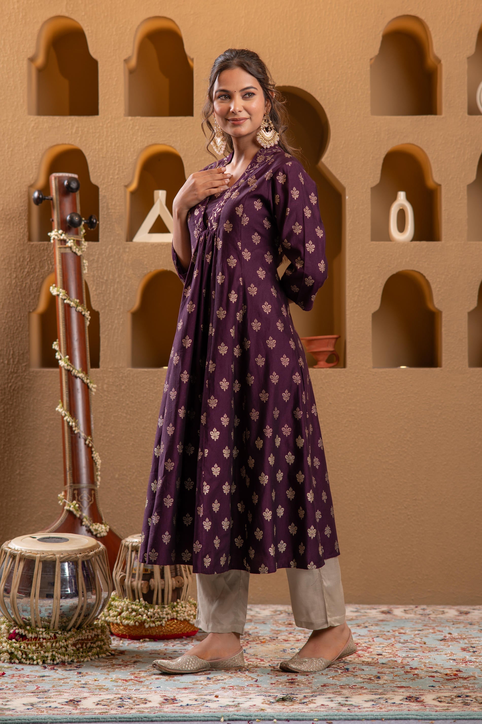 Juniper Purple Gold-Printed Anarkali Kurta - Swadesiicart