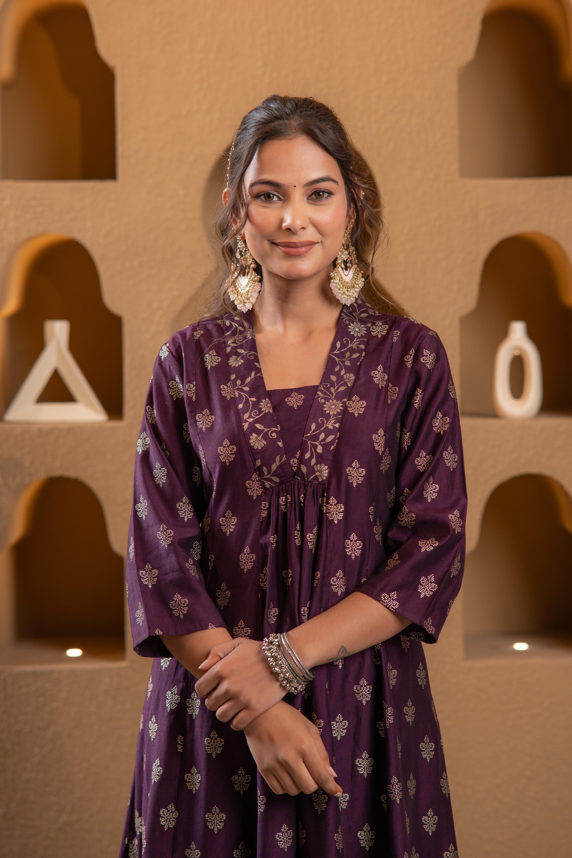 Juniper Purple Gold-Printed Anarkali Kurta - Swadesiicart