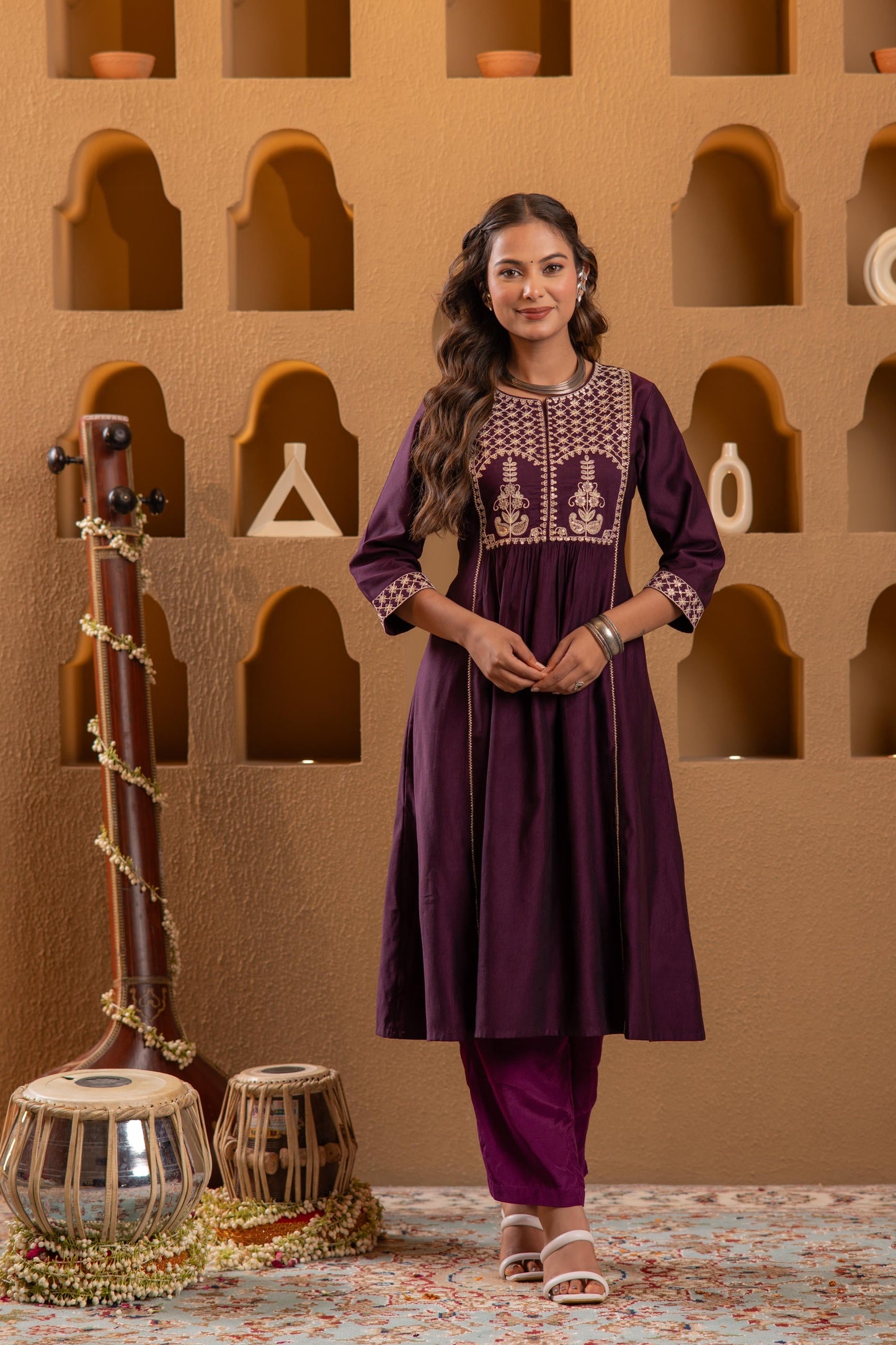 Juniper Wine Embroidered Yoke Kurta - Swadesiicart