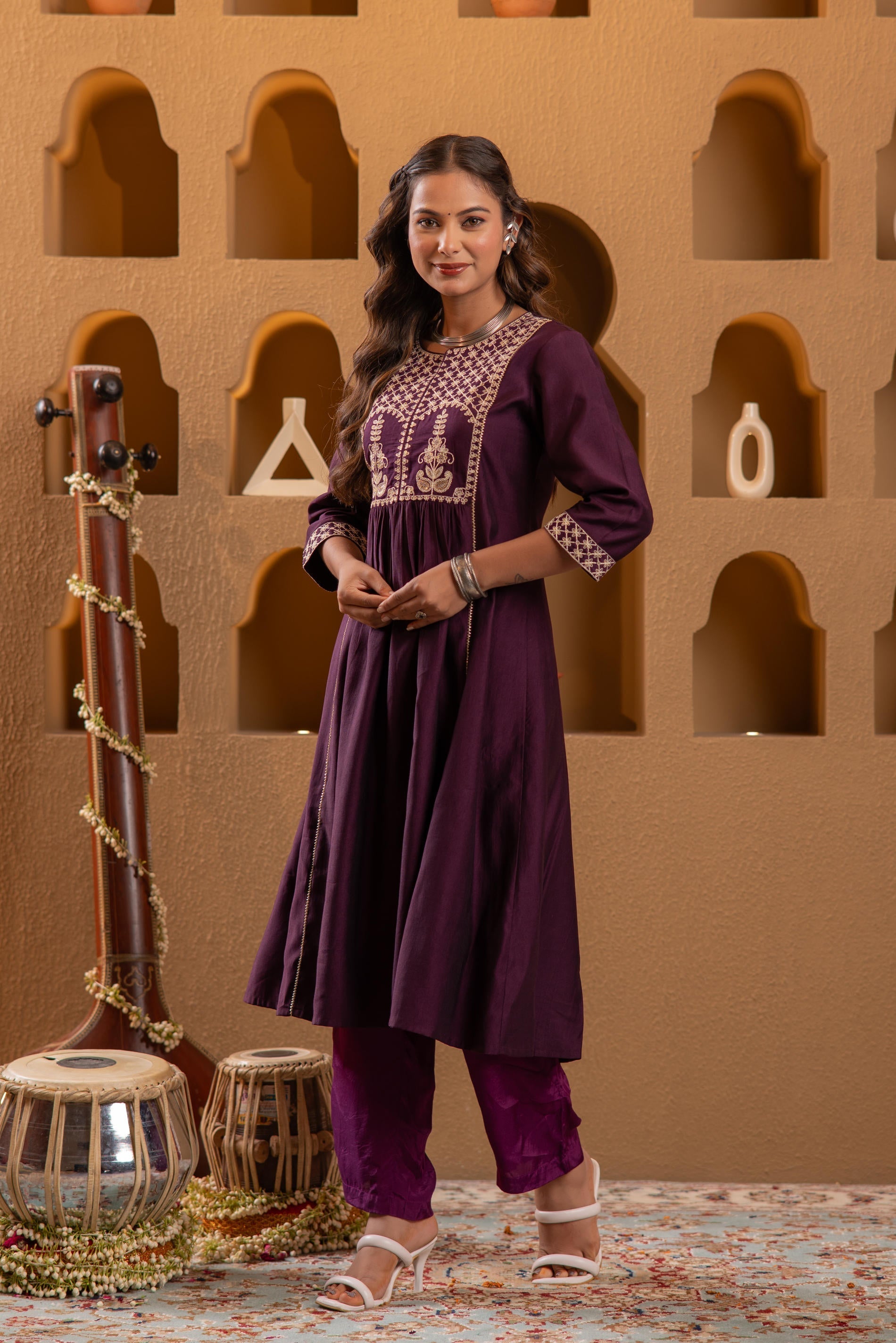 Juniper Wine Embroidered Yoke Kurta - Swadesiicart