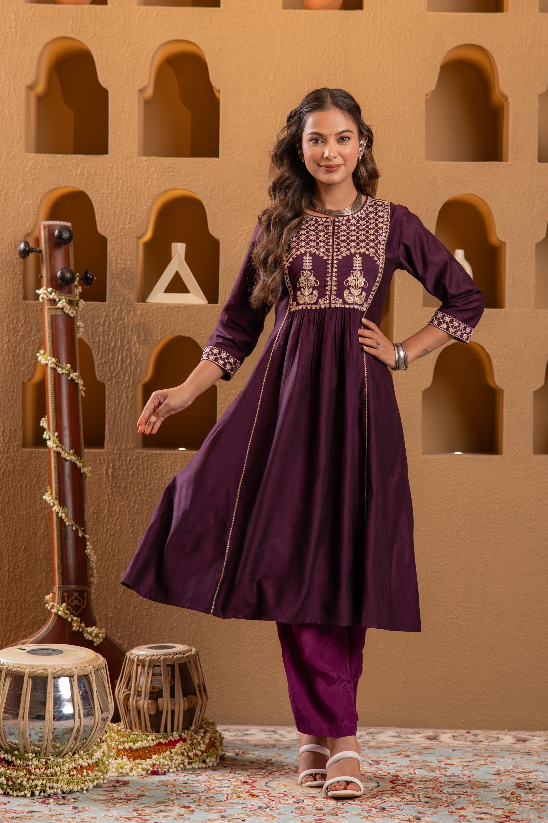 Juniper Wine Embroidered Yoke Kurta - Swadesiicart