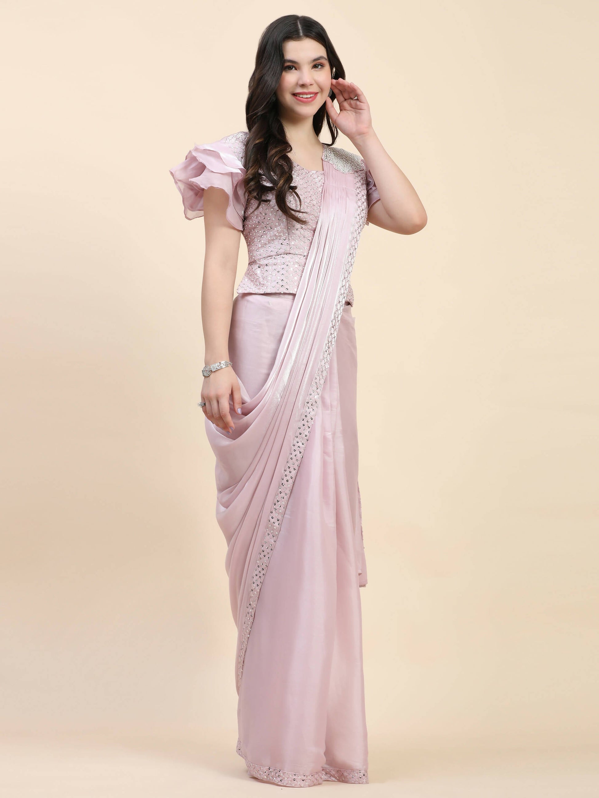 Light Pink Silk Satin Sequence Work Ready to Wear Saree with stitched Blouse - Nirvana | Swadesiicart