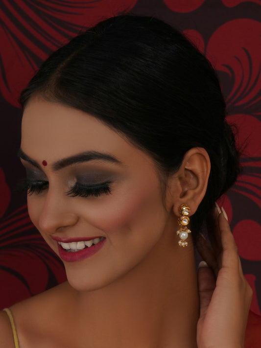 Kundan Earrings with Pearl Drops (Gold) - Ruby Raang - Ruby Raang Studio