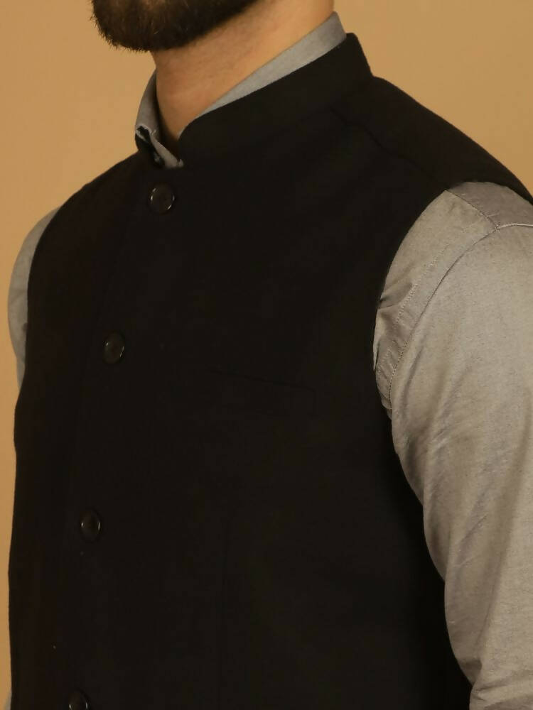 Even Apparels Pure Wool Nehru Jacket - Black | Swadesiicart