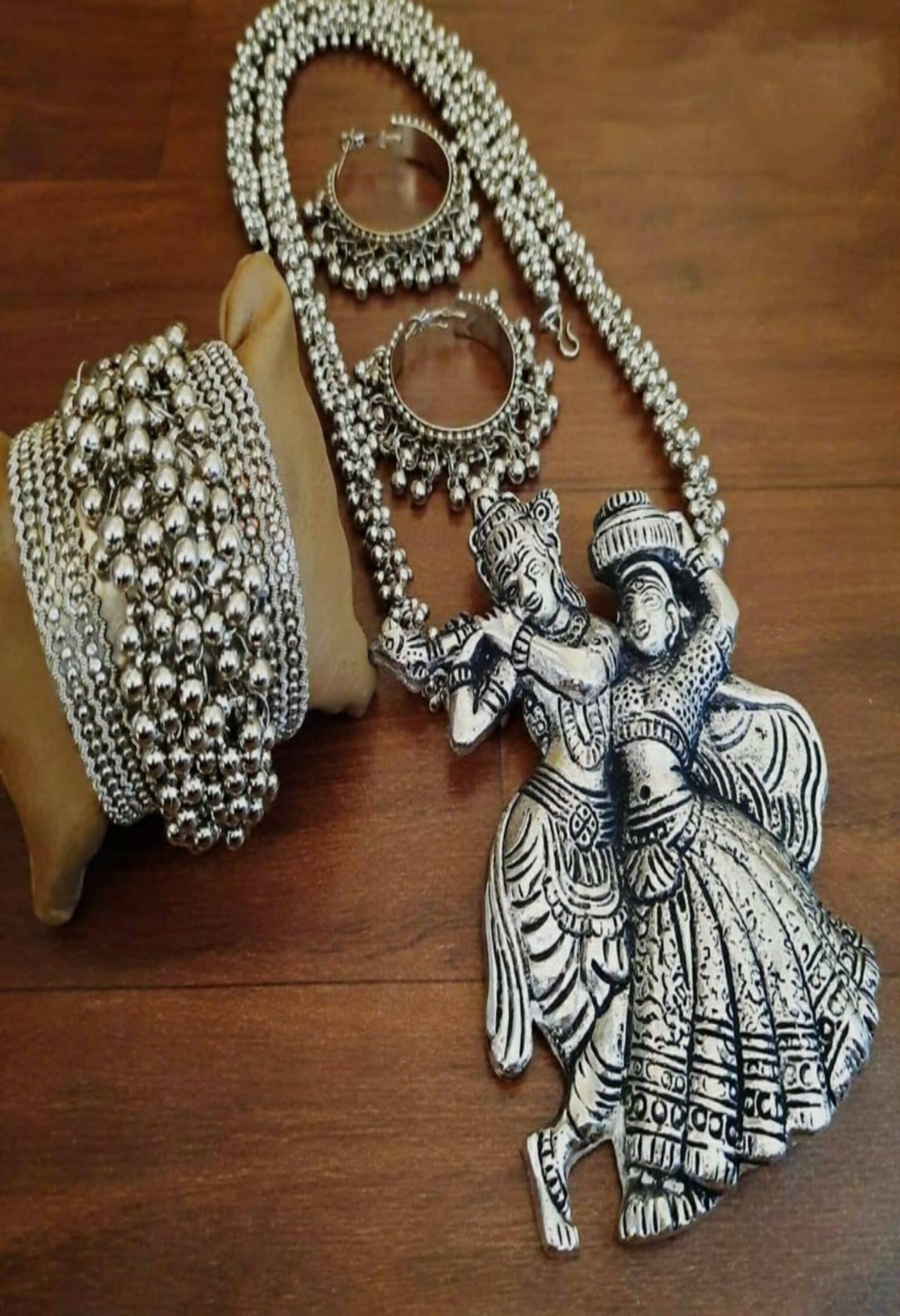 Mominos Fashion Johar Kamal Women Silver-Plated Brass Finish Radha Kishan Long Neckalce Combo Set - Mominos Fashion