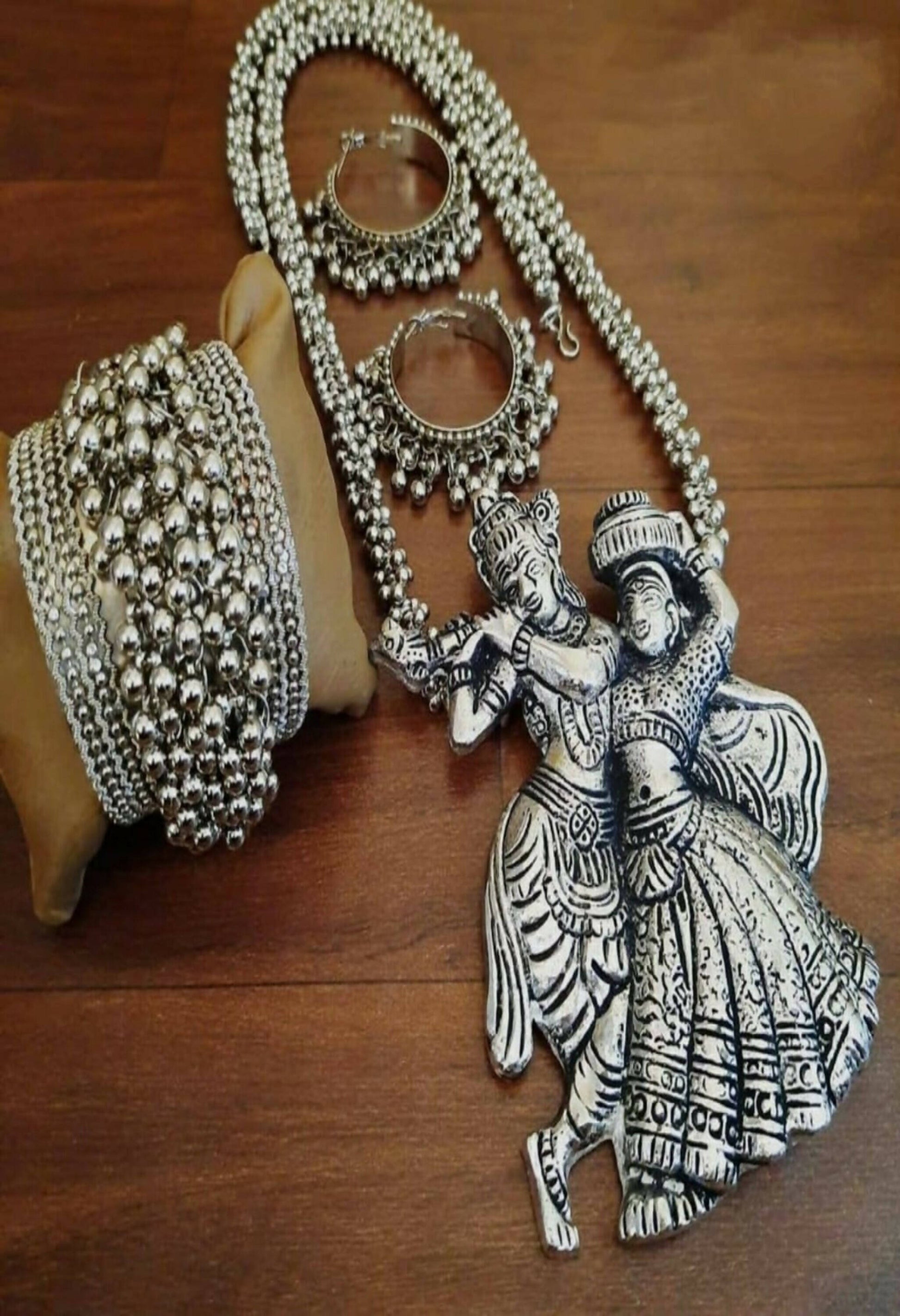 Mominos Fashion Johar Kamal Women Silver-Plated Brass Finish Radha Kishan Long Neckalce Combo Set - Mominos Fashion