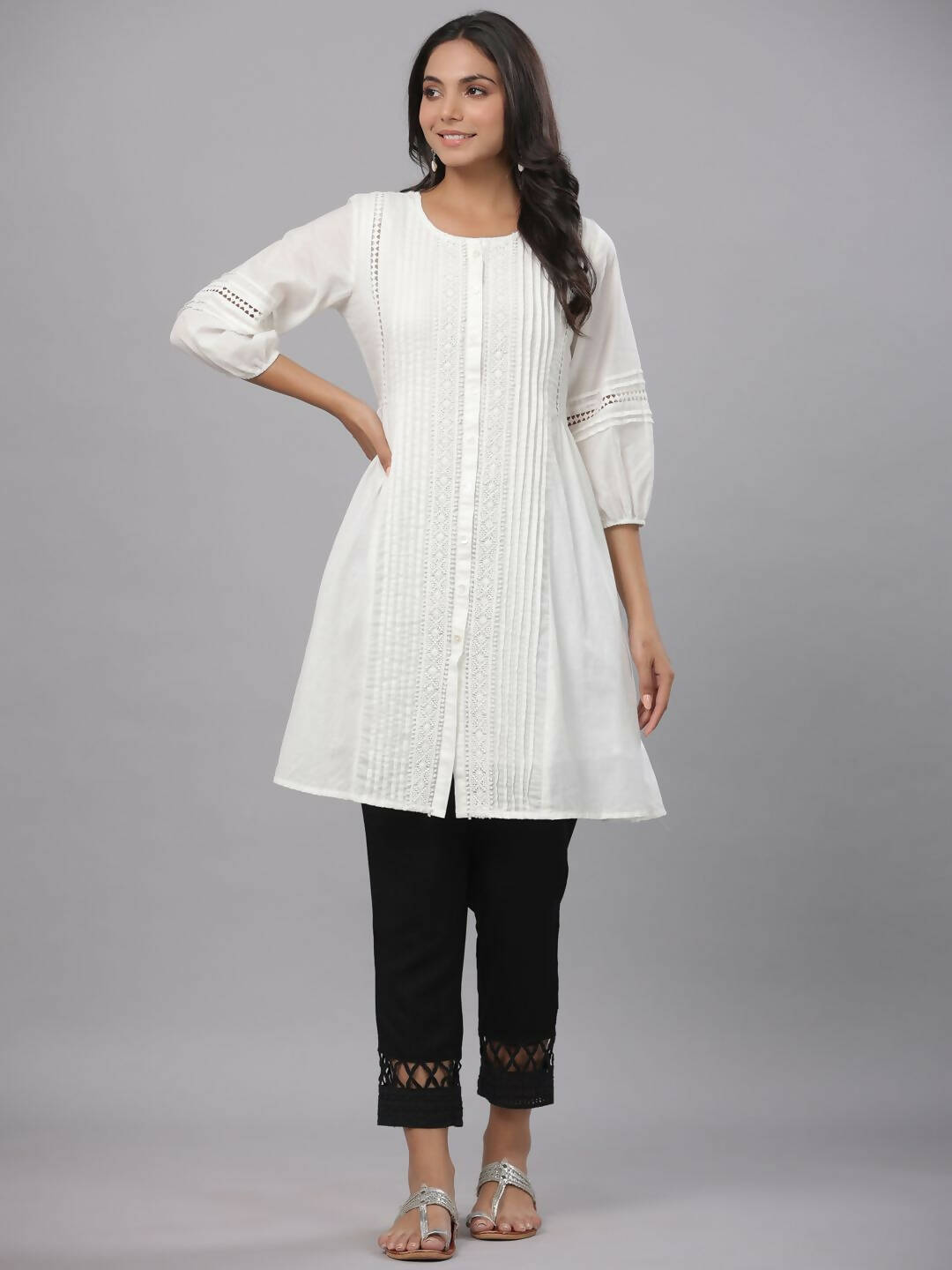Juniper Women's White Cotton Silk Solid A-Line Kurta | Swadesiicart