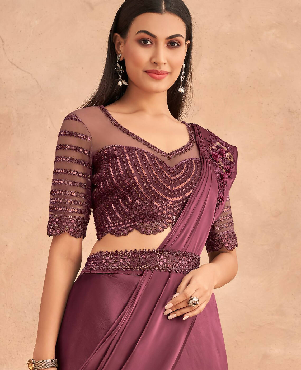 Wine Satin Embroidered Ready To Wear Saree With Unstitched Blouse Piece - Nandika | Swadesiicart