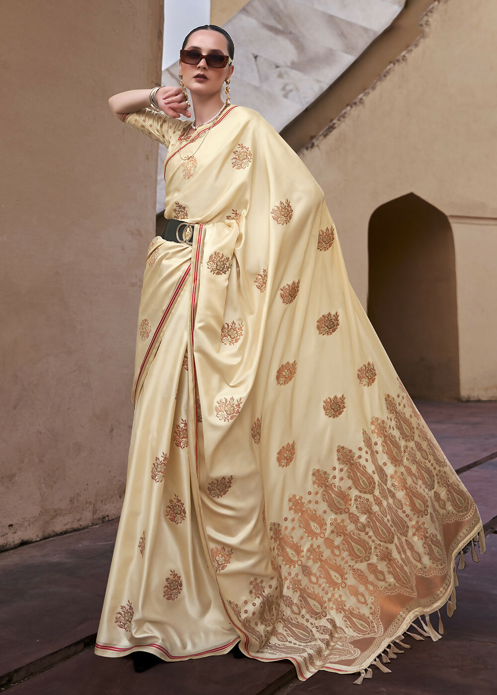 Buttermilk Beige Pure Satin Zari Weaving Wedding Festive Saree - Emponline | Swadesiicart
