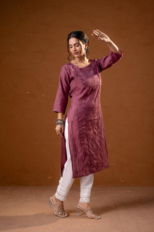 Juniper Dusty Pink Embroidered Kurta - Swadesiicart