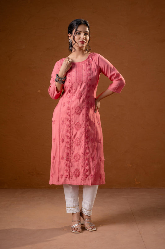 Juniper Rose Gold Embroidered Kurta - Swadesiicart